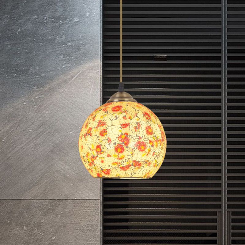 Hemispherical Pendulum Light Tiffany Crackle Printed Glass 1 Head Bronze Ceiling Pendant