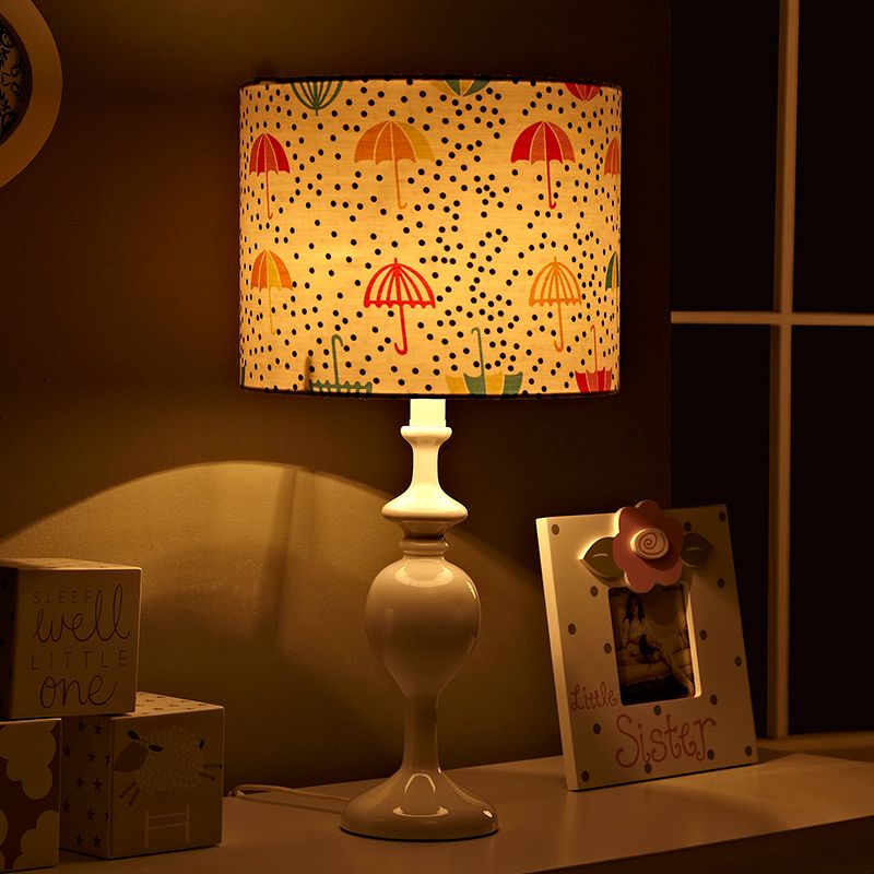 Resin Drum Desk Light Contemporary 1 Bulb White Nightstand Lamp with Fabric Shade