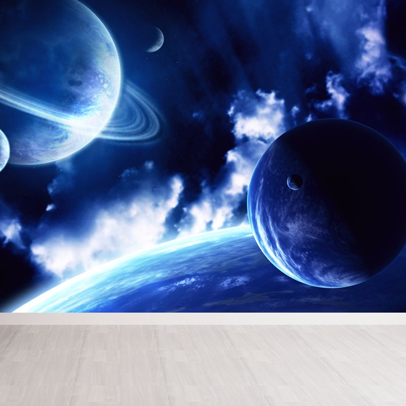 Amazing Planet Scene Mural Decal Blue Contemporary Wall Covering for Living Room