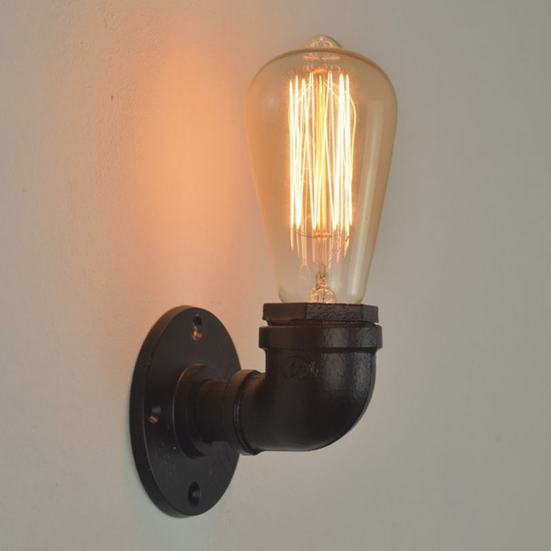 Industrial Style Pipe Shape Wall Sconce Metal 1 Light Sconces in Black for Bedroom