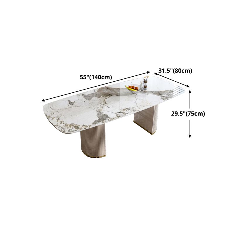 Luxury White Tone Dining Table Sintered Stone Table with Double Pedestal