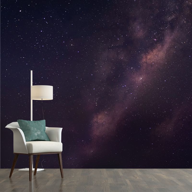 Star and Distant Galaxy Mural in Purple-Black Modern Style Wall Art for Living Room