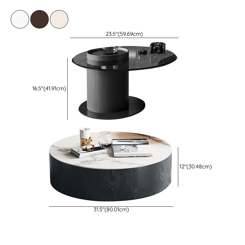 2-Drawer Drum 2 Bunching Coffee Tables Modern Round Wood Cocktail Table Set