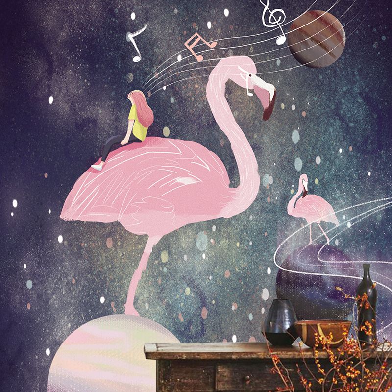 Pink Flamingo and Music Mural Wallpaper Water Resistant Wall Decor for Girls Bedroom