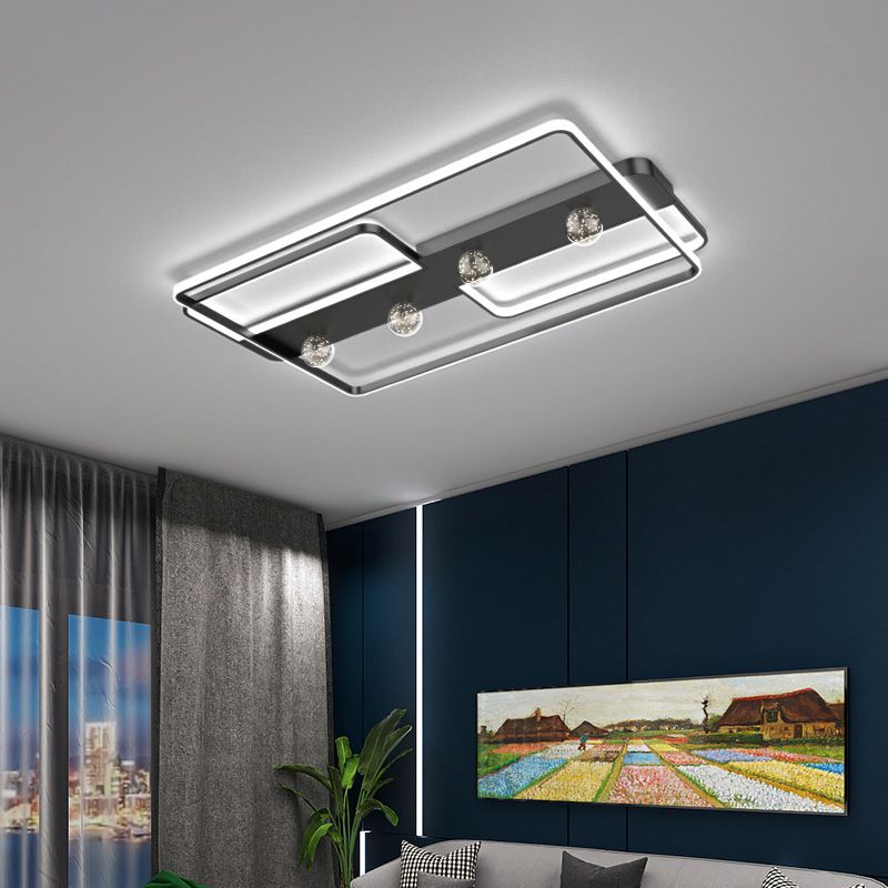 Zwarte rechthoekige inbouwlamp, minimalistische aluminium LED-plafondlamp met bolglazen kap