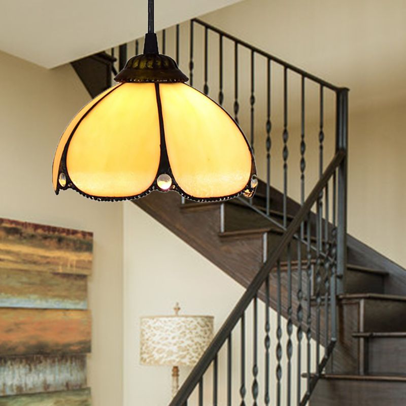 Amber Glass Scalloped Hanging Lamp Tiffany 1 Bulb Beige Ceiling Pendant for Entry