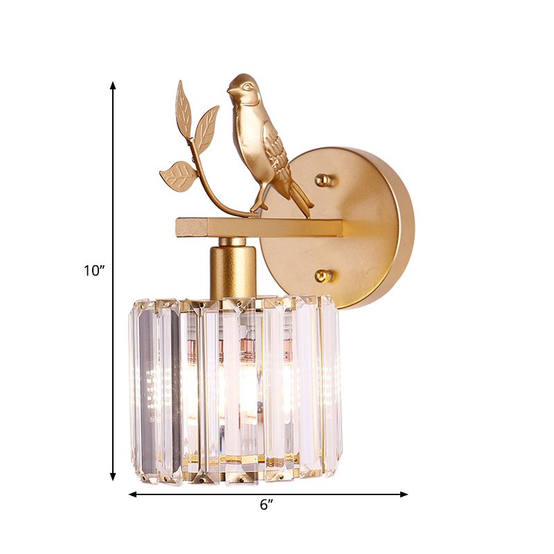 K9 Crystal Cylinder Wall Mounted Lamp Contemporary 1 Bulb Wall Sconce with Bird Accent in Black/Gold