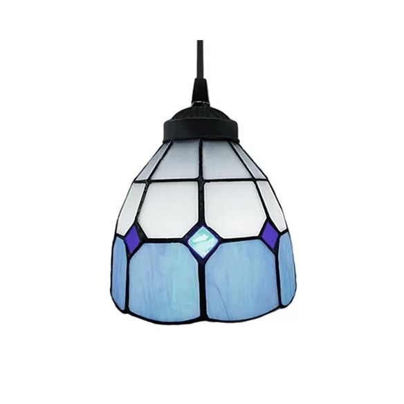 1 Bulb Ceiling Pendant Light Tiffany-Style Flower Handcrafted Stained Glass Suspension Lighting in Yellow/Light Blue/Dark Blue