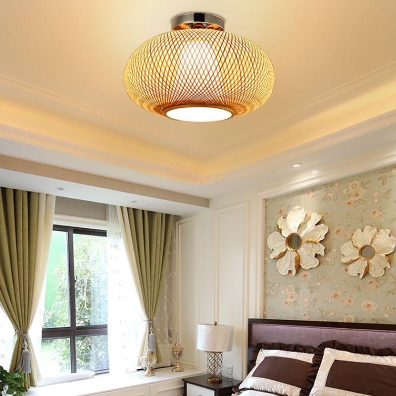 Round Ceiling Mount Light Fixture Asia Bamboo Beige Semi Flush Light