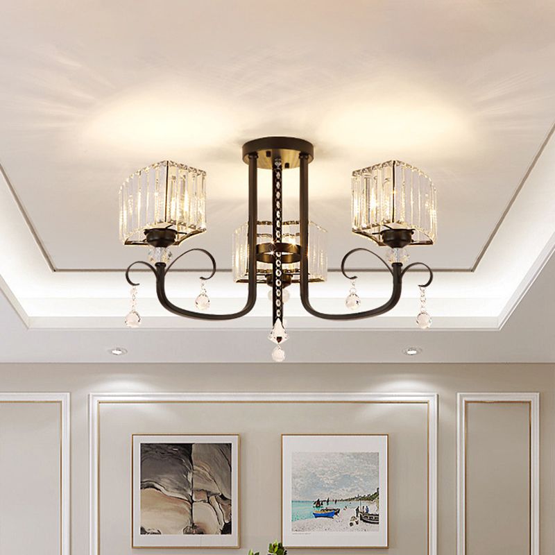 3/7 Heads Swirling Arm Semi Flush Modern Black Metal Close to Ceiling Lamp with Crystal Cuboid Shade