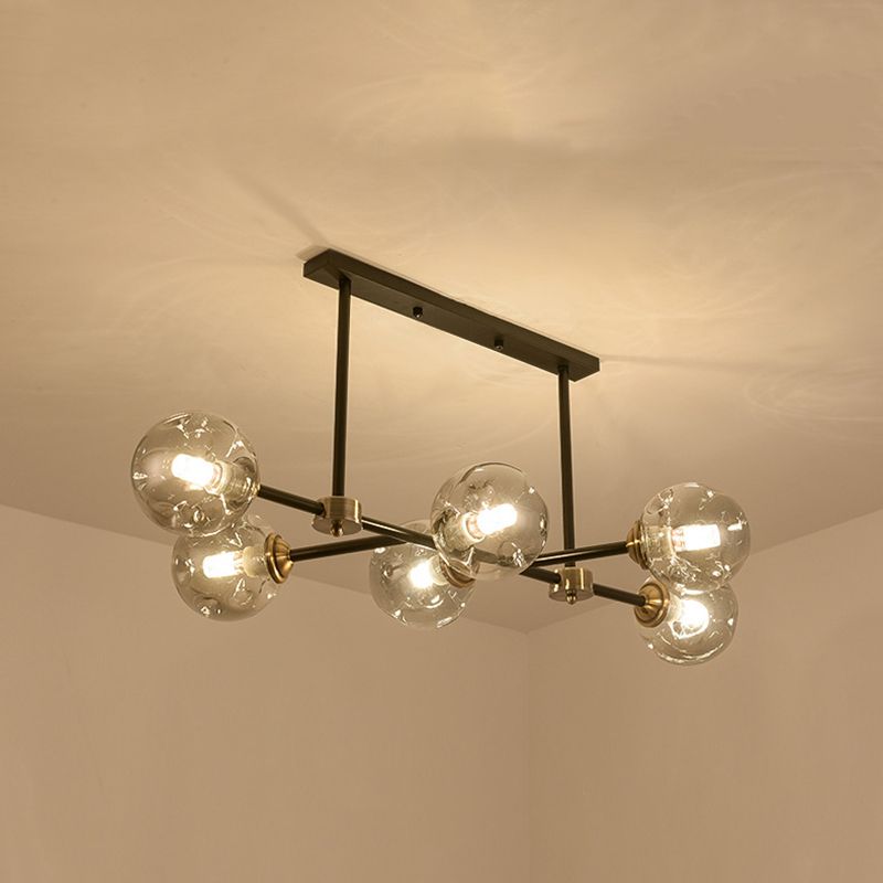 Luce di isola a 6 luci nere in moderno stile a sospensione in ferro battuto in stile creativo con tonalità di vetro