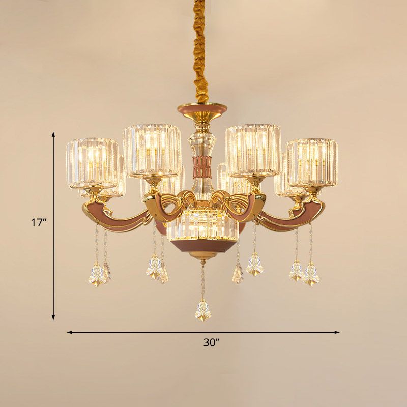 Mid Century Column Pendant Lamp 8-Light Crystal Block Chandelier Light Fixture in Gold