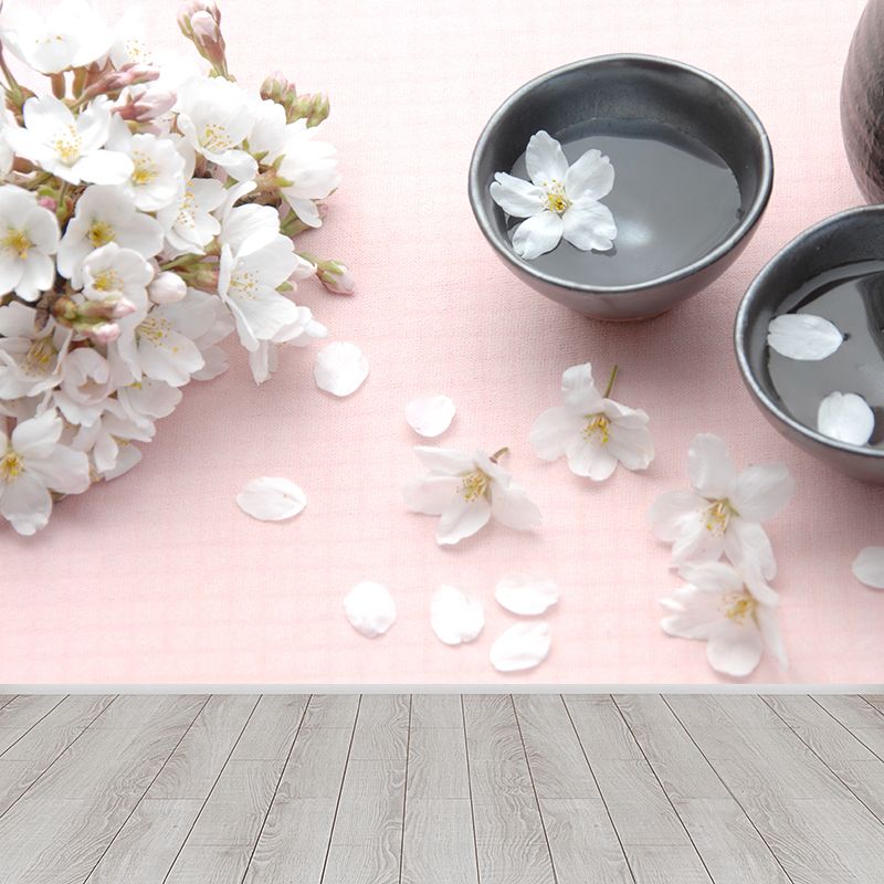 White Cherry Stamens Wall Mural Moisture Resistant Modern Guest Room Wall Covering