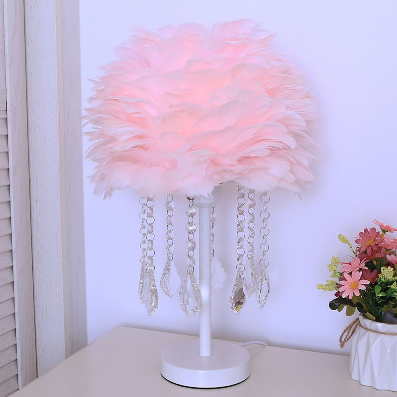 Hemisphere Feather Table Lamp Modern Single-Bulb Grey/White/Pink Night Light with Crystal Ball/Drop