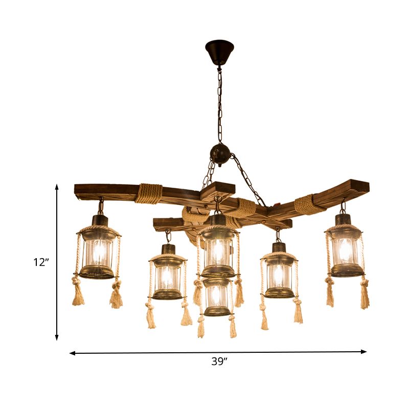 Lantern Restaurant Island Light Warehouse Clear Glass 6 Lights Wood Hanging Lamp