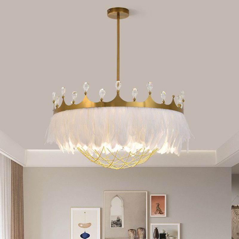 Artistic Crown Shaped Ceiling Light Feather 1 Head Girls Bedroom Hanging Lamp with Chain Net and Crystal