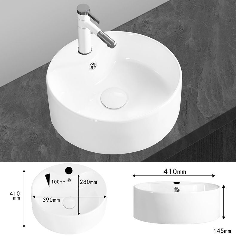 Modern Vessel Bathroom Sink Round Porcelain with Overflow Vessel Lavatory Sink