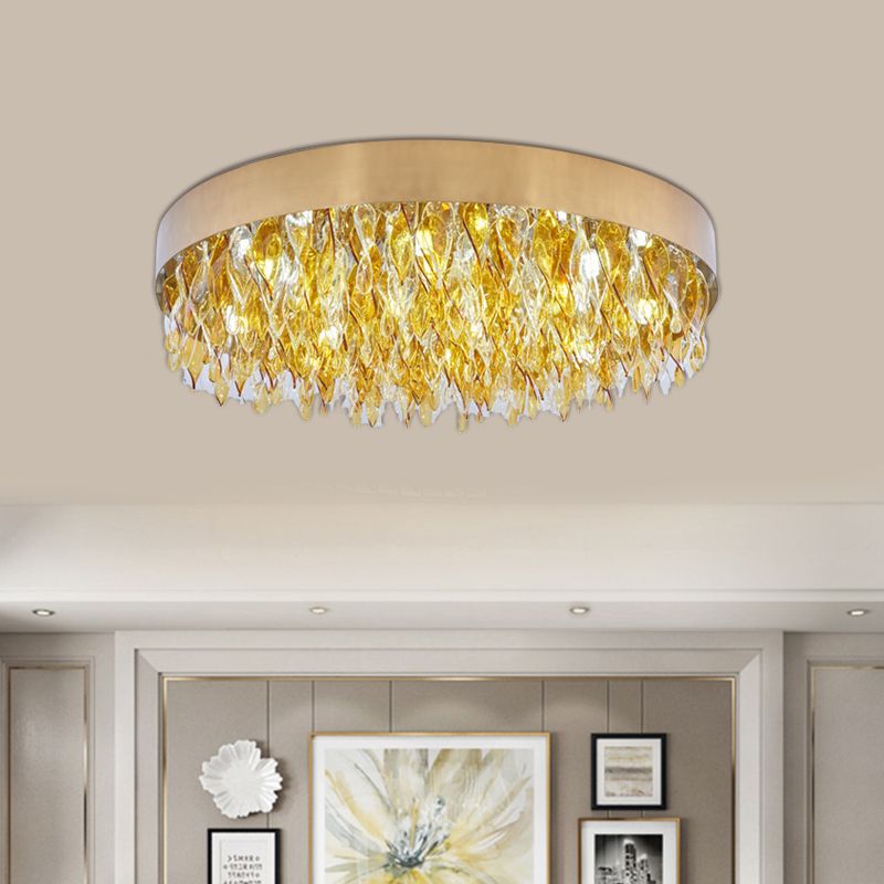 Amber Crystal Teardrop Flush Mount Contemporary 6 Lights Bedroom Ceiling Mounted Fixture in Gold
