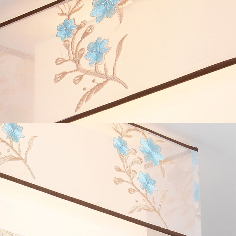 Wrought Iron White Ceiling Light in Traditional Unique Style Geometric Indoor Flush Mount with Embroidered Fabric Shade