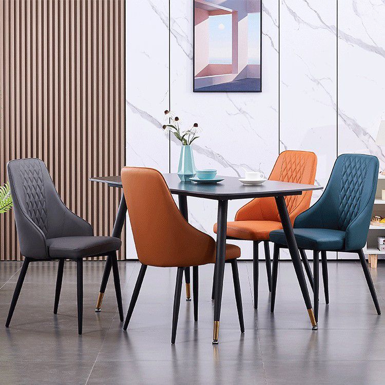Modern Leather Dining Chair Solid Back Armless Side Chairs with Metal Legs