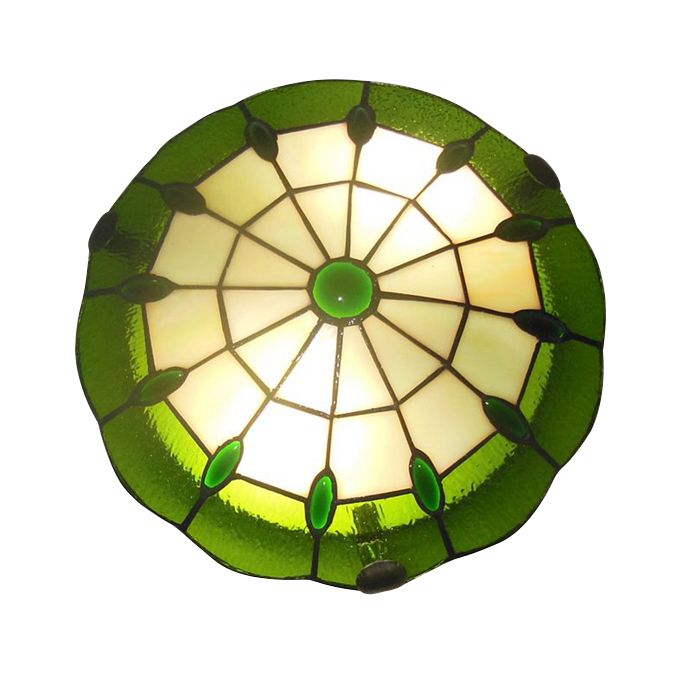 12"/16"/19.5" Wide Bedroom Ceiling Lights Tiffany Style Green/Yellow Dome Shade Flush Mount Light with Jewel Decoration