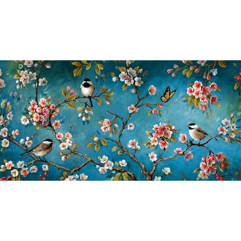 Pink-Blue Birds Mural Decal Branch with Florets Eco-Friendly Wall Art for Bedroom