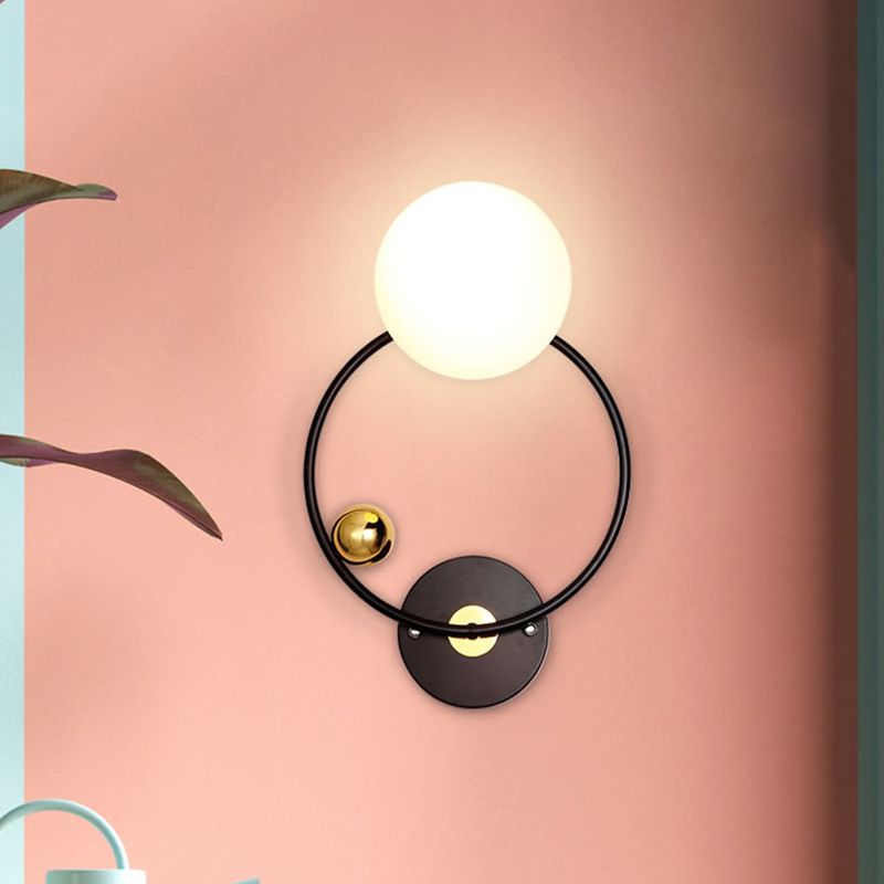Black Circular Wall Lighting Modernist 1 Head Metal Sconce Light Fixture with Opal Glass Shade