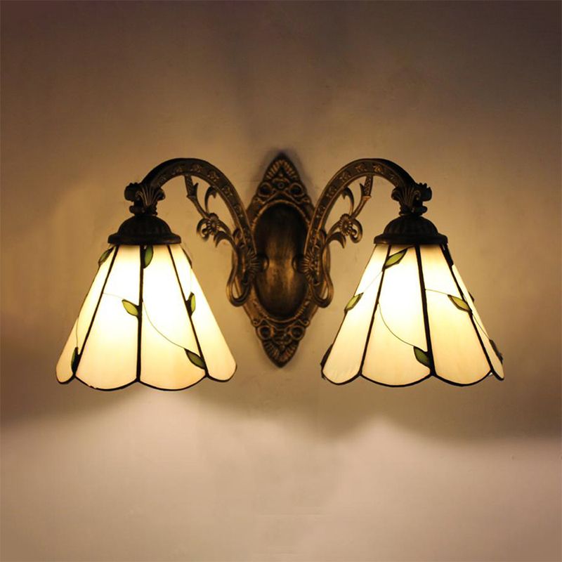 2 Lights Leaf Wall Mount Light with Curved Arm Lodge Style Stained Glass Wall Lamp in Beige