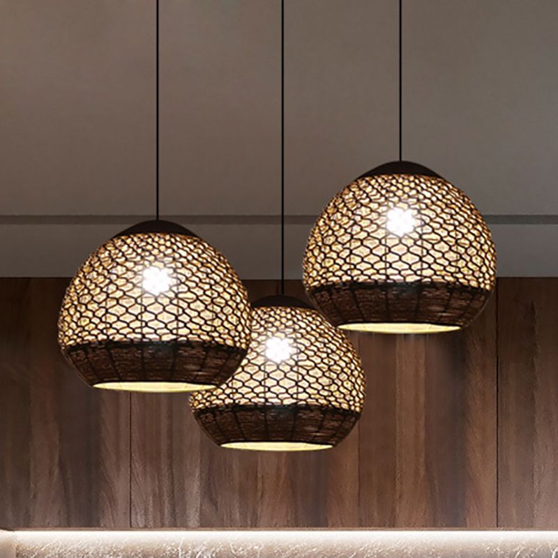 Globe Hanging Ceiling Light Asia Style Rope 1 Head Dining Room Pendant Lamp with Hollow-Out Design in Flaxen