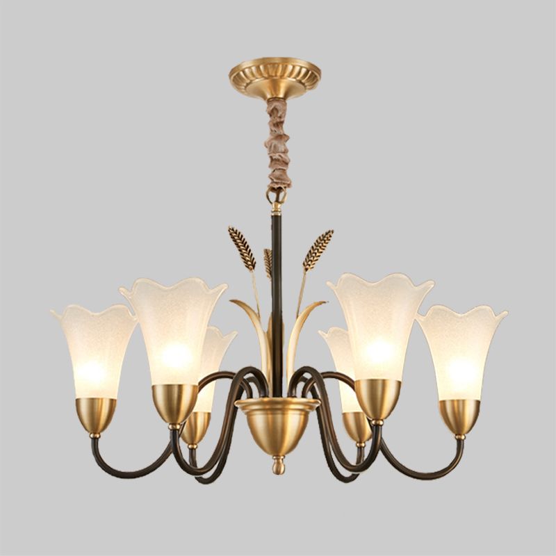 Country Style Mini Flower Pendulum Light 6/8 Bulbs Frosted Glass Hanging Chandelier with Scroll Arm in Black and Gold