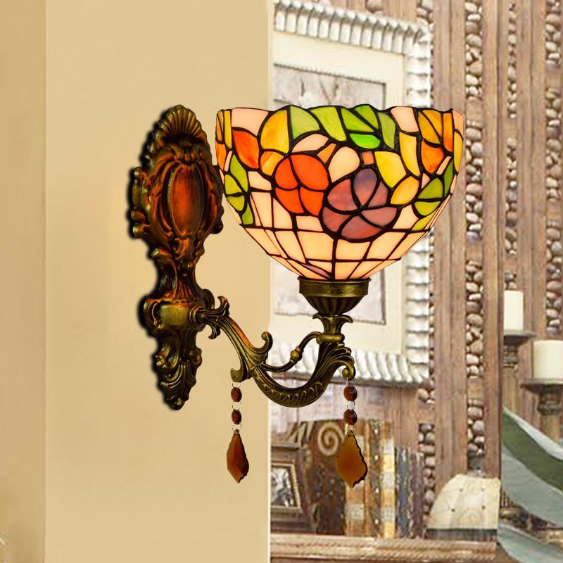Leaf-Pattern Bowl Stained Glass Wall Lamp Tiffany 1 Head Orange/Purple/Red Wall Mounted Fixture