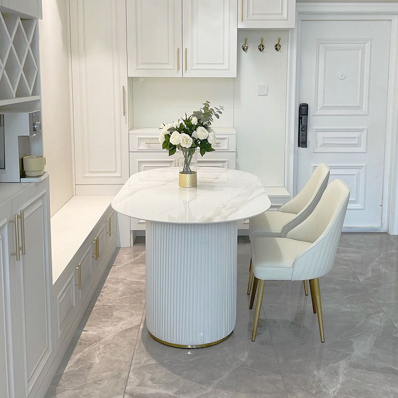 Mesa de comedor ovalada de lujo tradicional mesa sinterizada con pedestal doble blanco