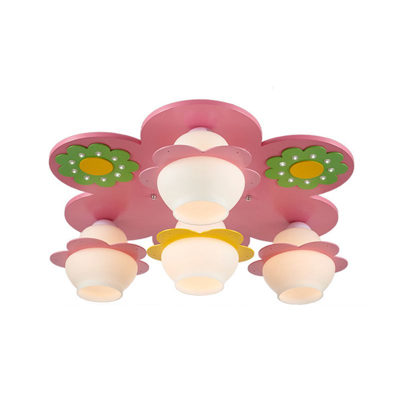 Hand-Worked Wood Blossom Flush Light Kids 4-Light Pink Ceiling Mount Fixture with Gourd Milky Glass Shade