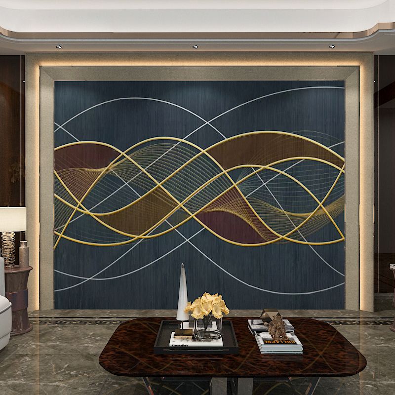 Modern Swirling Line Mural Wallpaper Dark Blue Coffee Shop Wall Covering, Full Size