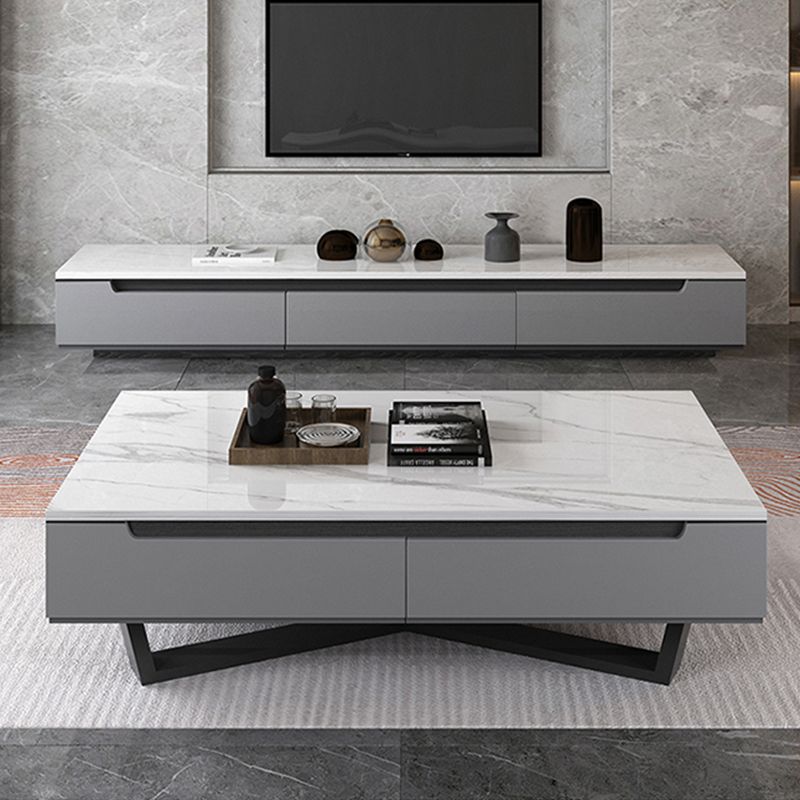 Marble Top Abstract Coffee Table with Storage Contemporary White