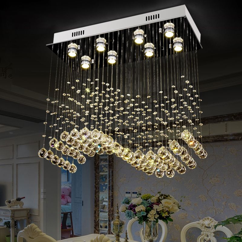 Wavy Dining Room Ceiling Lamp Modern Crystal 8 Lights Stainless Steel Flush Mount Lighting Fixture