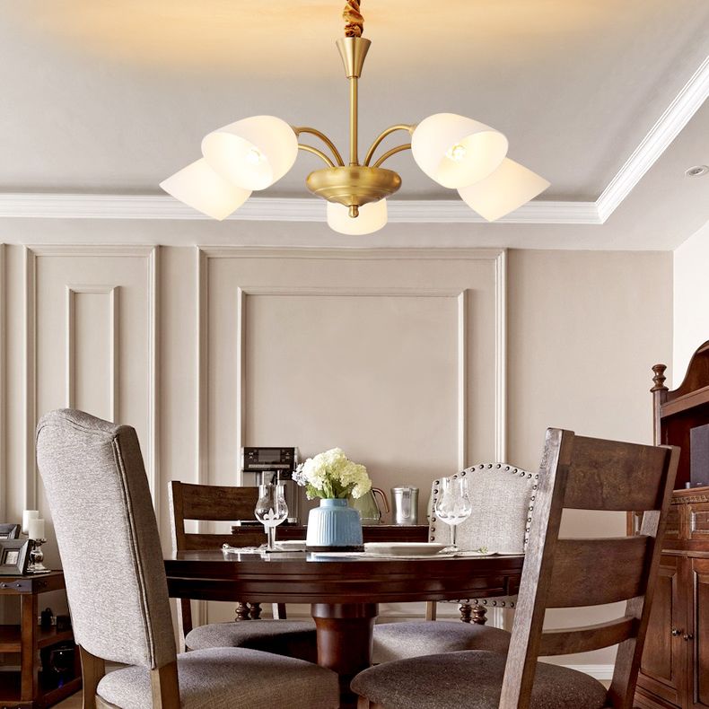 Bell Chandelier Lighting Fixtures American Style Multi-Head Suspension Light with White Glass Shade