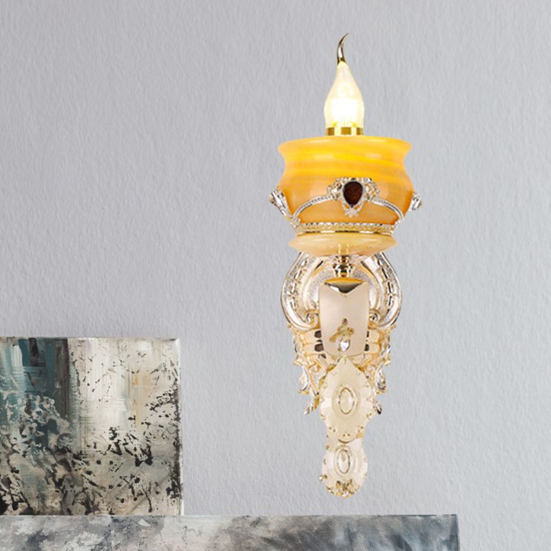 Candlestick Jade Wall Lamp Sconce Vintage 1/2-Head Bedroom Wall Light Fixture in Gold with Crystal Drop
