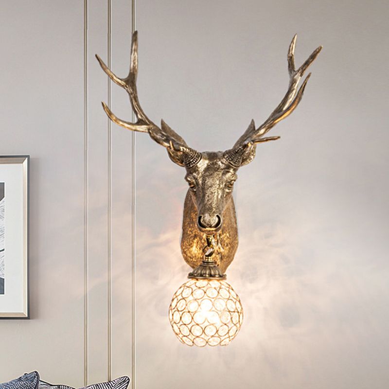 Single Bulb Elk Head Wall Mounted Lamp Warehouse Gold Resin Wall Sconce Light with Beveled Crystal Shade