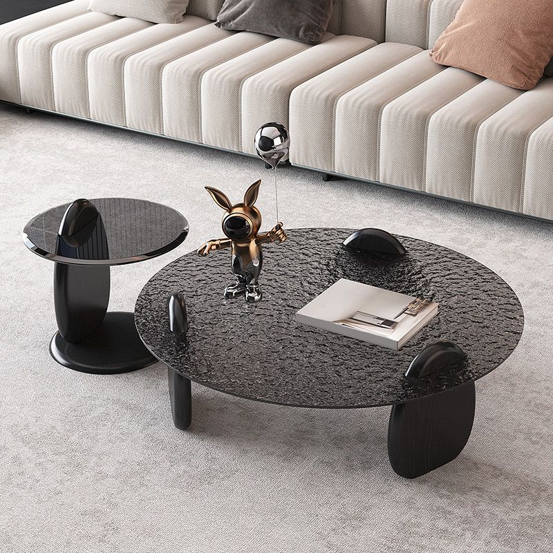 Glass Top Coffee Table Black Modern Round 3 Legs Cocktail Table