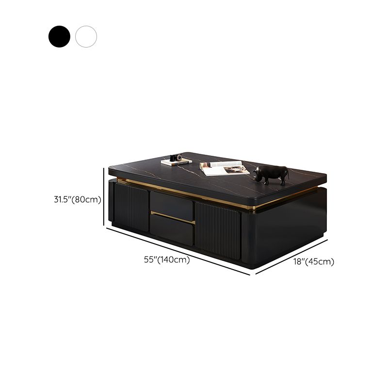 Wooden Block Cocktail Table with Drawers Glam Slate Top 4-Door Coffee Table