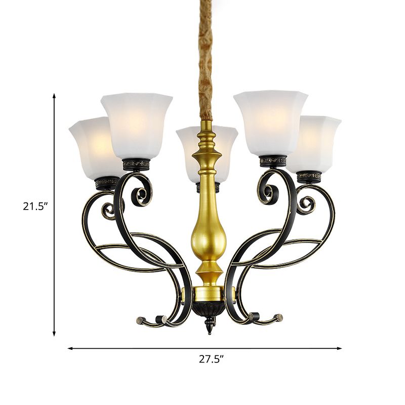 Classico lampadario del soffitto a campana Ciondolo in vetro opale in nero e oro con braccio scorrevole