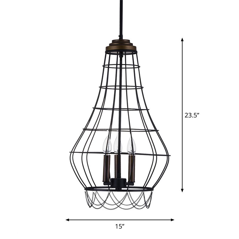 Metal Candle Hanging Chandelier Traditional 3 Lights Living Room Pendant Light with Cage