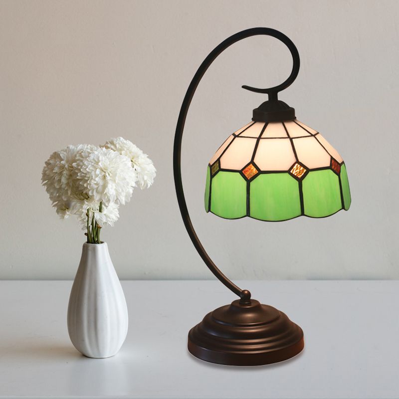1 Head Grid Dome Night Table Lamp Baroque Orange/Blue/Yellow Cut Glass Task Lighting with Swirl Arm