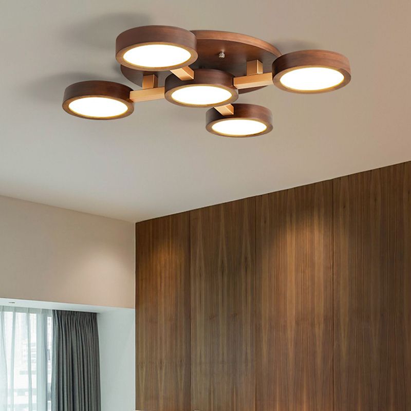 Brown Wood Modern Flush Mount Circle Shape Ceiling Light with Acrylic Shade for Passage
