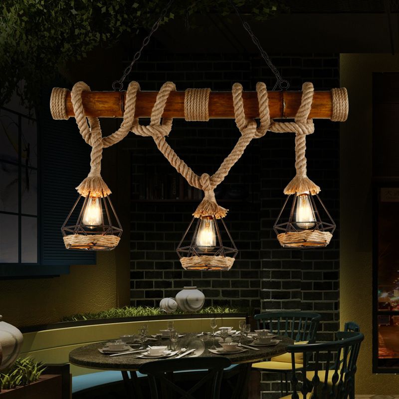 Retro Bamboo Island Light 3 Lights Island Pendant with Natural Rope for Restaurant