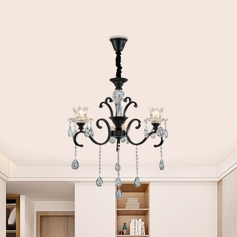 3/6 hoofden wervelde arm kroonluchter traditionele zwarte metalen hangende lamp met heldere kristallen tulpenschaduw