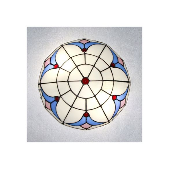 Vintage Bowl Flush Light with Magnolia Pattern Stained Glass Flush Ceiling Light in White/Clear for Bedroom