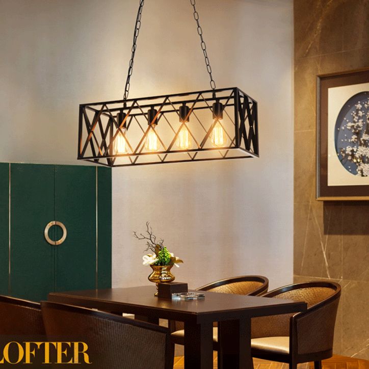 Black Industrial Island Pendant Lighting Cross Framed Box Iron Island Ceiling Light for Dining Table