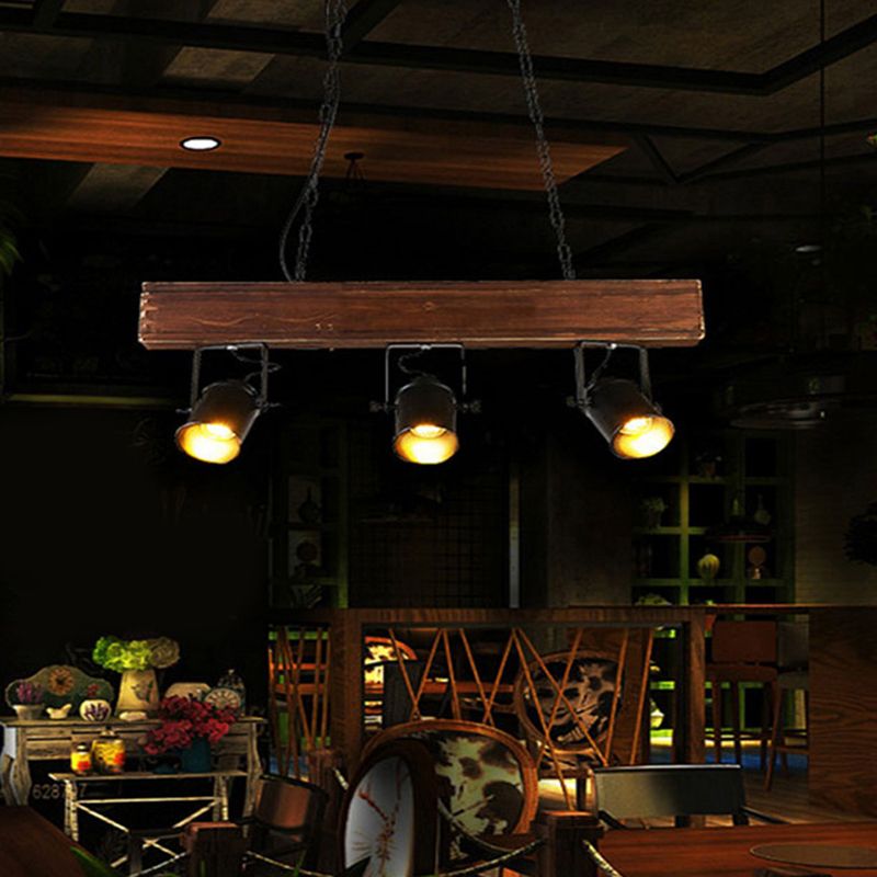 Barrel Shade Metal Island Pendant Light Vintage 3 Heads Restaurant Island Lighting with Linear Wooden Beam in Black